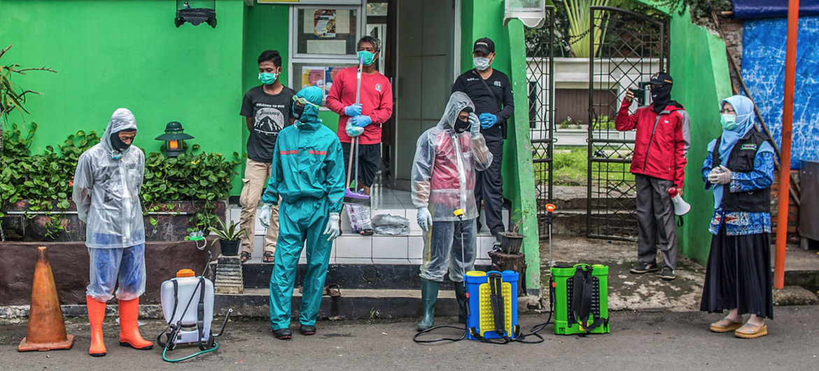 Volunteers prepare to disinfect public areas in Jakarta, Indonesia, in order to prevent the spread of COVID-19. (file)