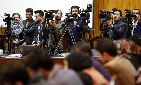 Journalists covering UNAMA’s chief speech at the International Day to End Impunity for Crimes against Journalists, in Kabul, Afghanistan (November 2018).