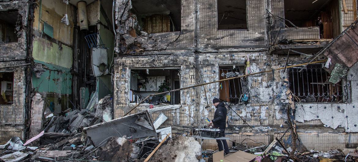 Apartment buildings are destroyed after shelling in Obolon district, in Kyiv, Ukraine.