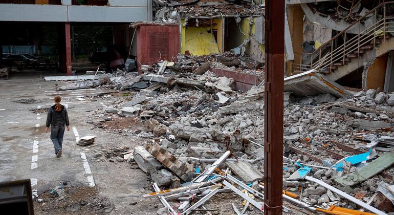 A school destroyed during an air strike in Kharkiv, Ukraine.