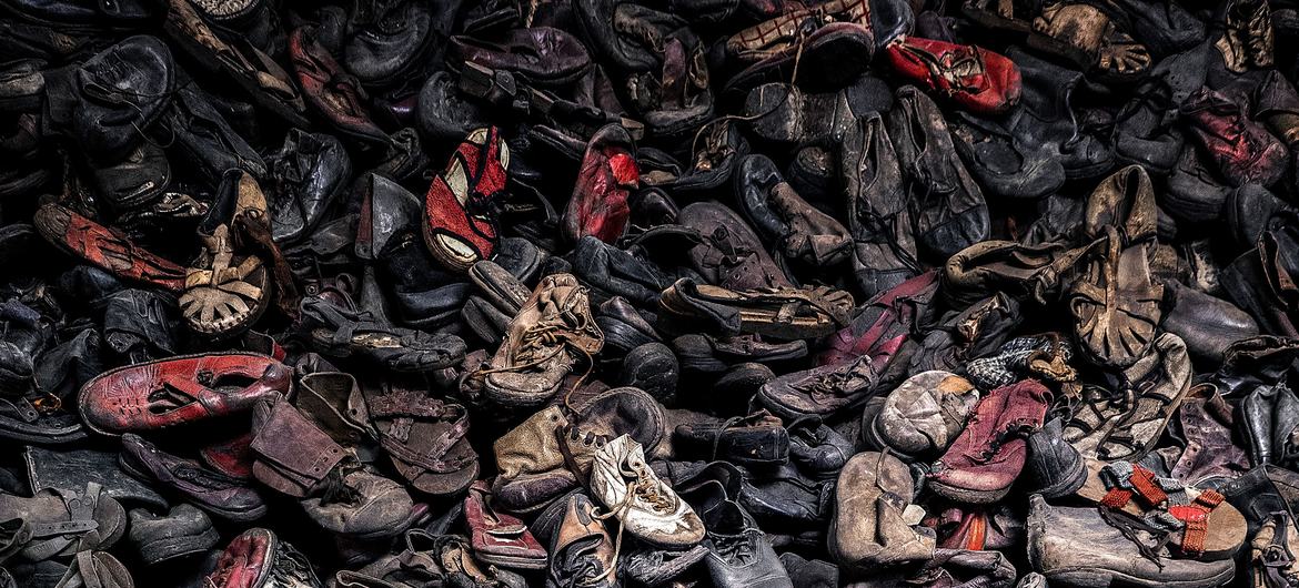 Shoes confiscated from prisoners at a concentration camp in Auschwitz, Poland.