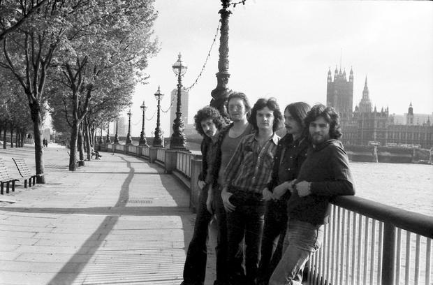 John with the members of Swift at London's Southbank, 1977
